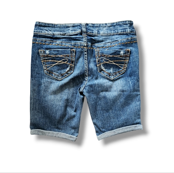 Decree Embroidered Denim Bermuda Style Rolled Jean Shorts | 9 - Picture 7 of 7